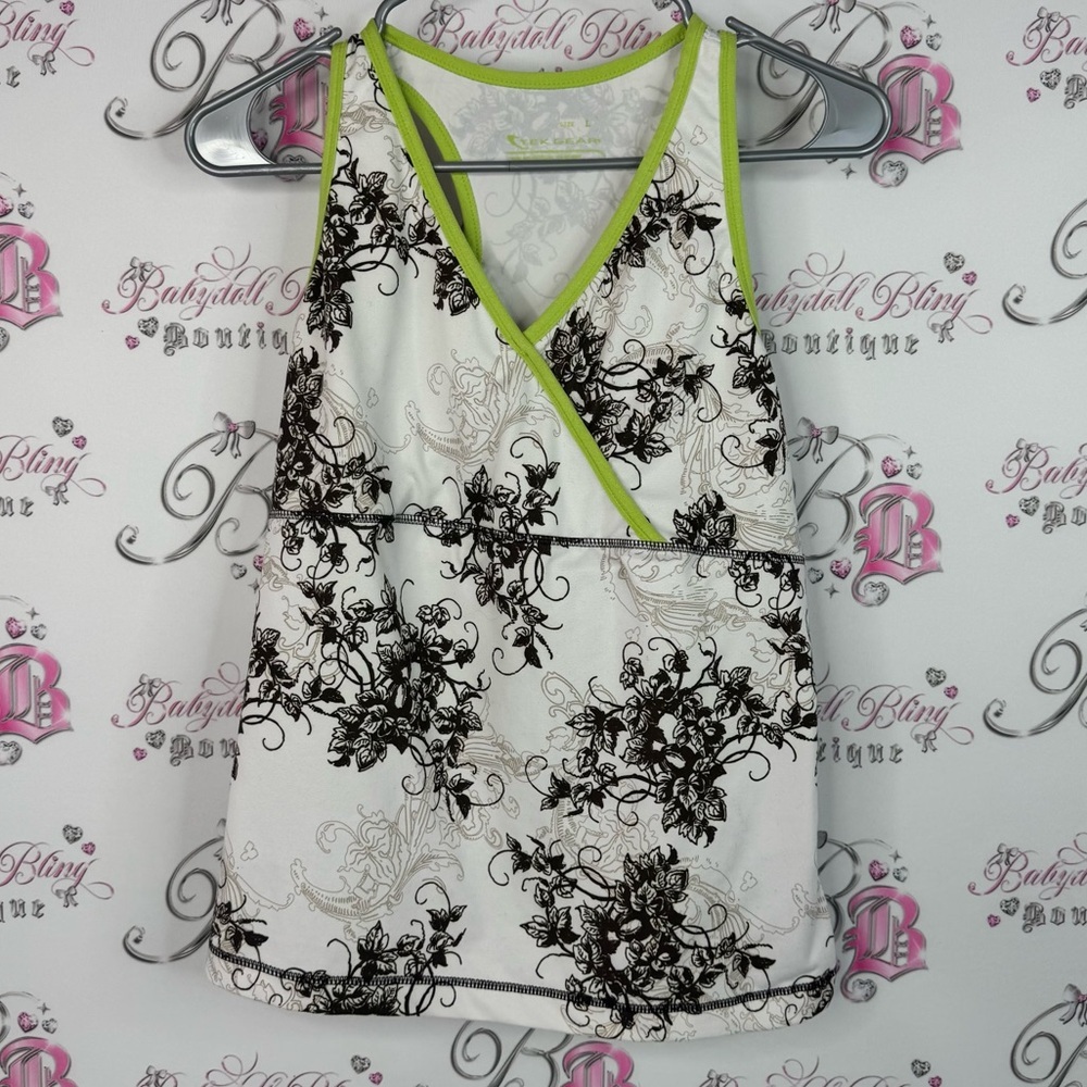 Tek Gear tank top paisley green White Floral Camisole Green Trim